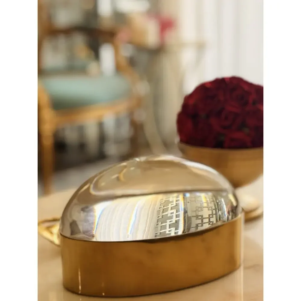 Jonathan Adler Gold Brass Tone Oval Trinket Box Clear Lucite Acrylic Lid Glam